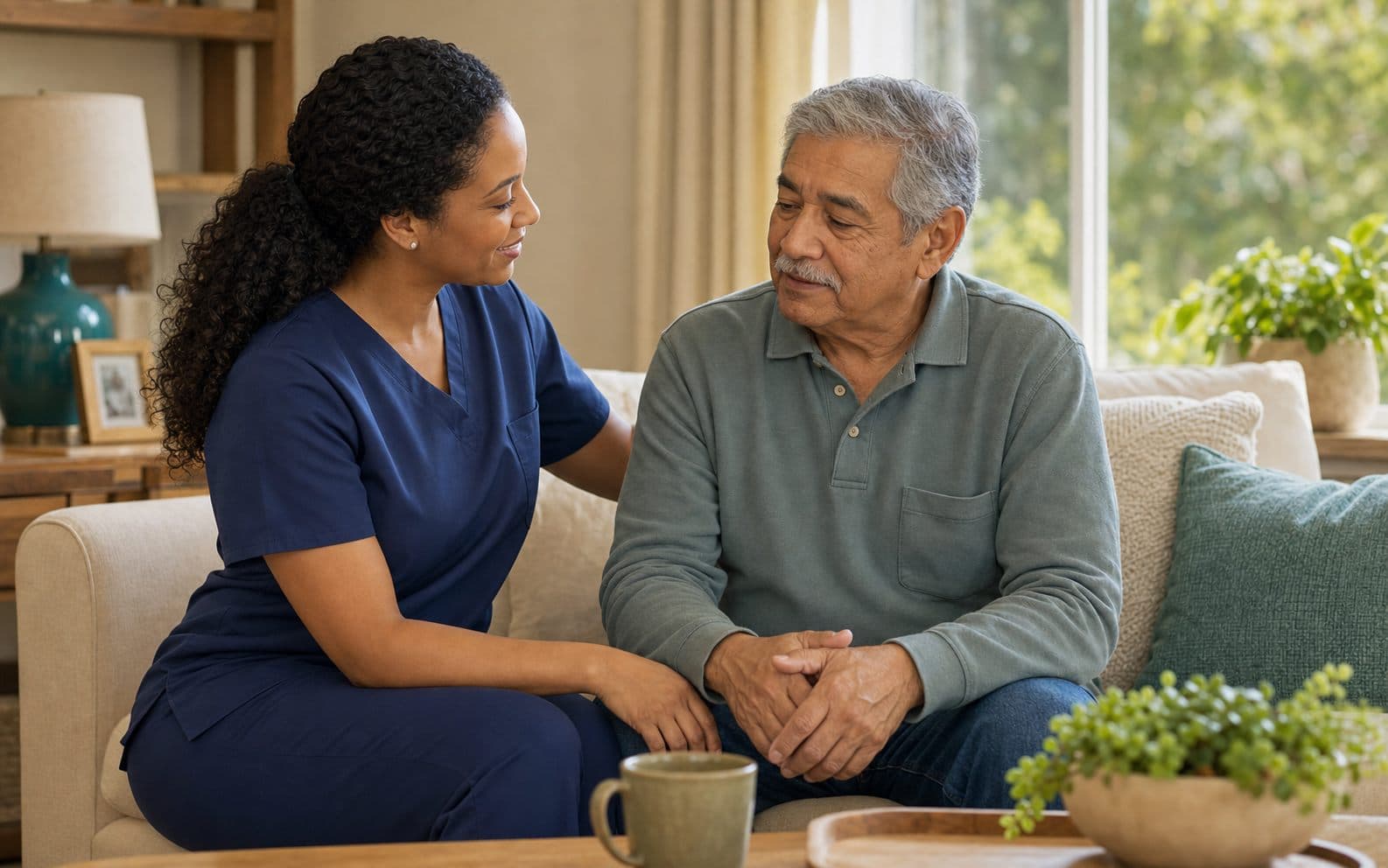 Caregiver sitting with a senior at home