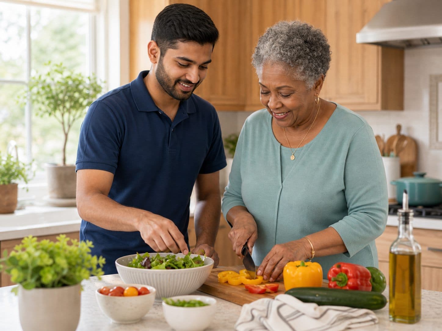 Home care aide preparing a simple meal in a client kitchen