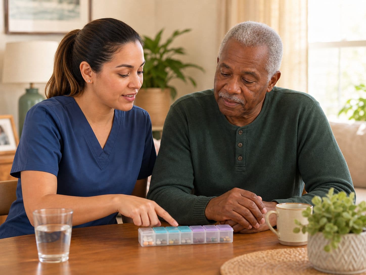 Caregiver helping an older adult stay organized with medication reminders